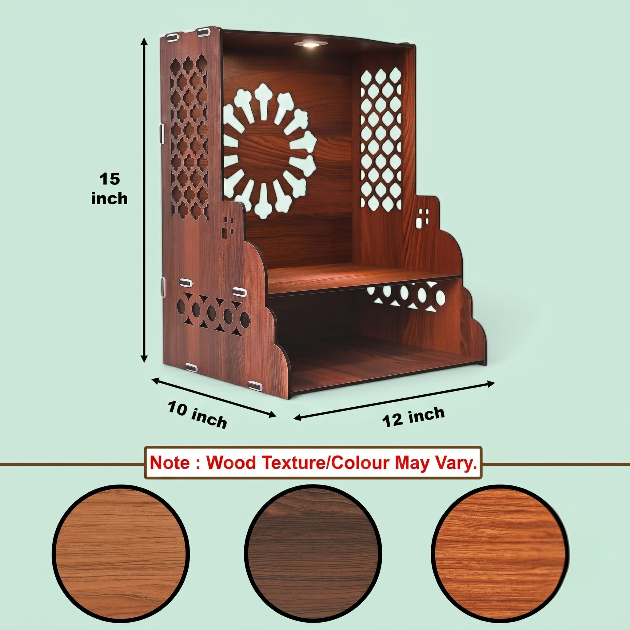 Wooden Temple for Home | Pooja Mandir with LED Light, Drawer & Shelves | Wall Mounted or Tabletop Mandir with OM Logo (DIY - H-15 x L-12 x W-10 Inch)
