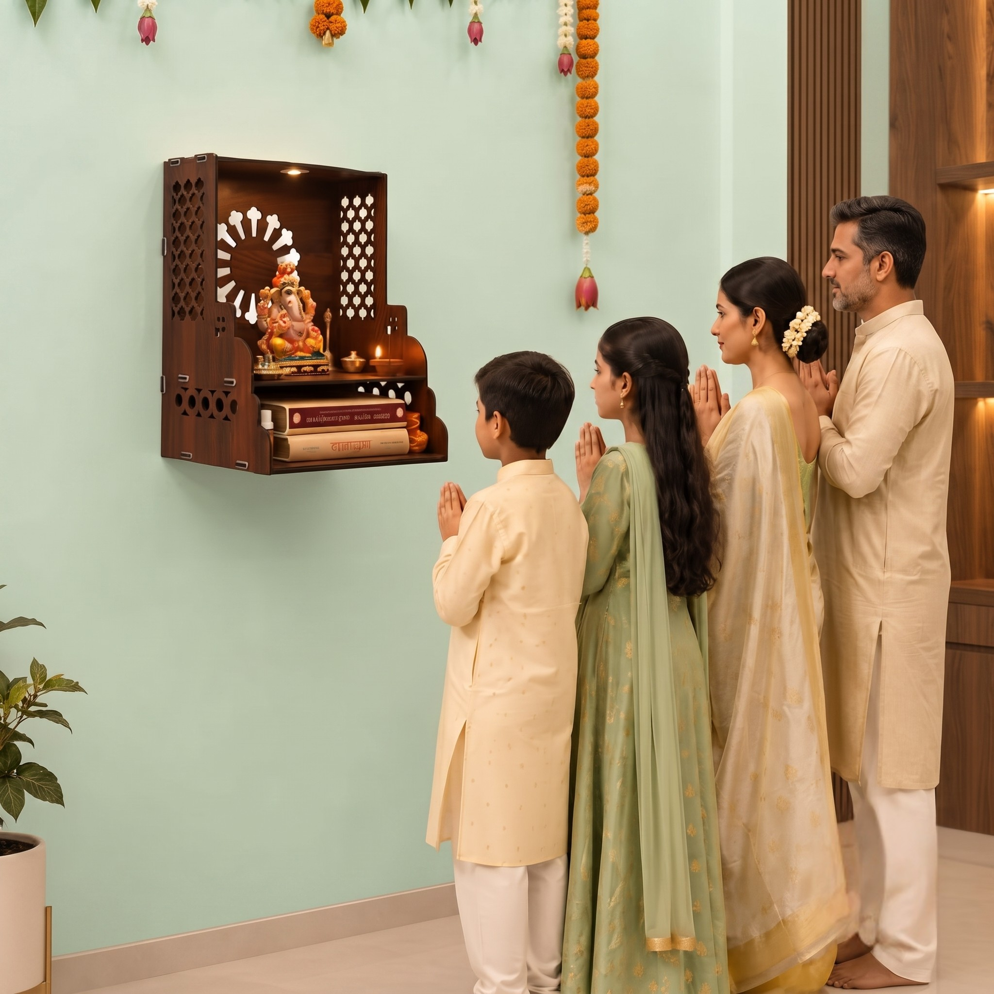 Wooden Temple for Home | Pooja Mandir with LED Light, Drawer & Shelves | Wall Mounted or Tabletop Mandir with OM Logo (DIY - H-15 x L-12 x W-10 Inch)