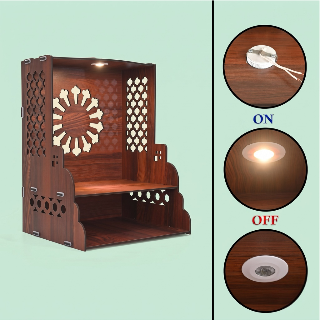 Wooden Temple for Home | Pooja Mandir with LED Light, Drawer & Shelves | Wall Mounted or Tabletop Mandir with OM Logo (DIY - H-15 x L-12 x W-10 Inch)