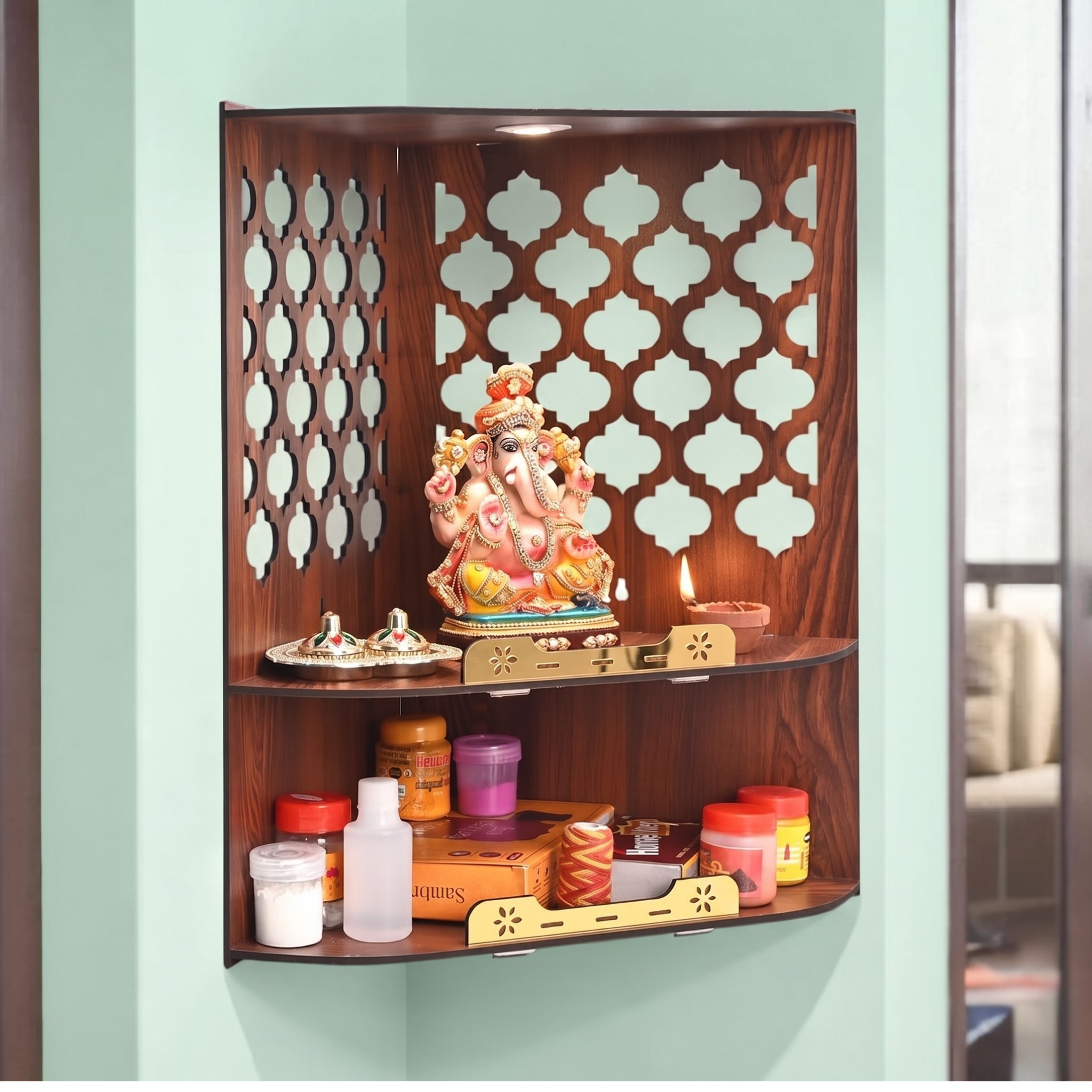 Wooden Corner Pooja Mandir for Home & Office | Wall Mounted Pooja Stand with LED Light | GKD Compact Wooden Temple for Wall Corner, Devghar for Desk (H-17 x W-10 x L-15 Inch)