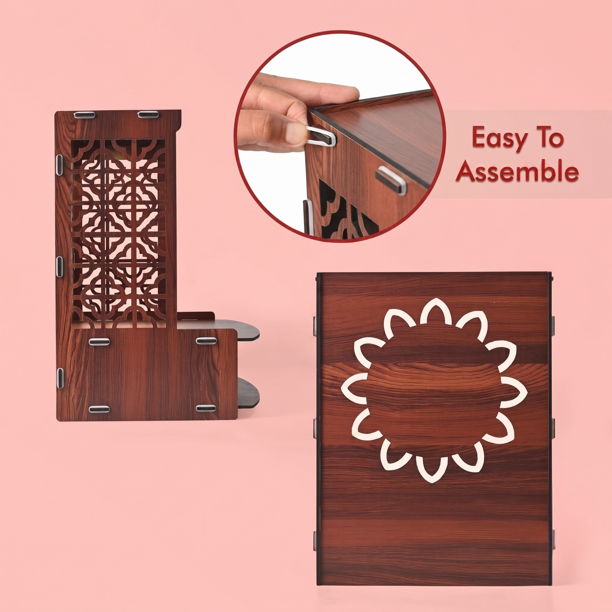 Wooden Temple for Home | Pooja Mandir with LED Light, Drawer & Shelves | Wall Mounted or Tabletop Mandir with OM Logo (DIY - H-15 x L-12 x W-10 Inch)