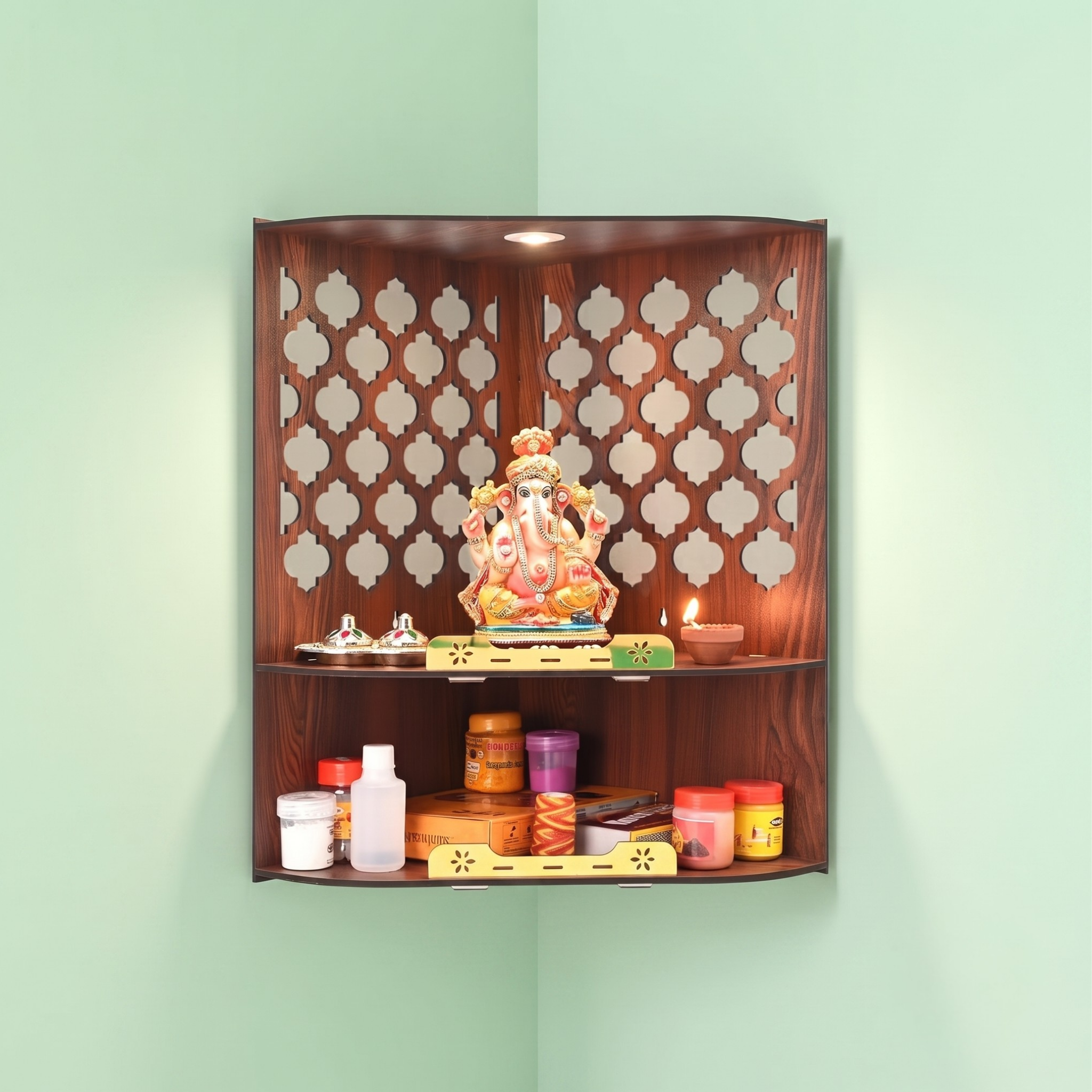 Wooden Corner Pooja Mandir for Home & Office | Wall Mounted Pooja Stand with LED Light | GKD Compact Wooden Temple for Wall Corner, Devghar for Desk (H-17 x W-10 x L-15 Inch)