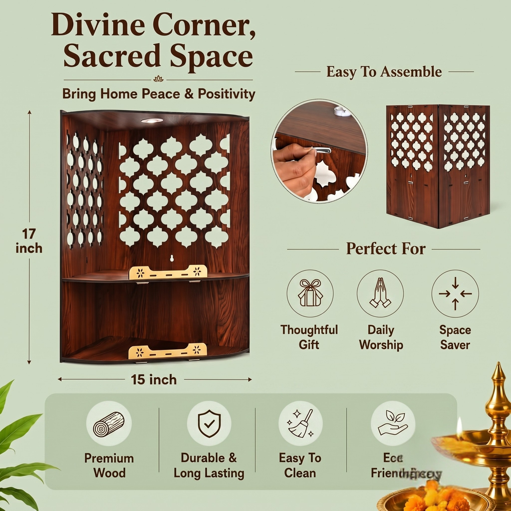 Wooden Corner Pooja Mandir for Home & Office | Wall Mounted Pooja Stand with LED Light | GKD Compact Wooden Temple for Wall Corner, Devghar for Desk (H-17 x W-10 x L-15 Inch)
