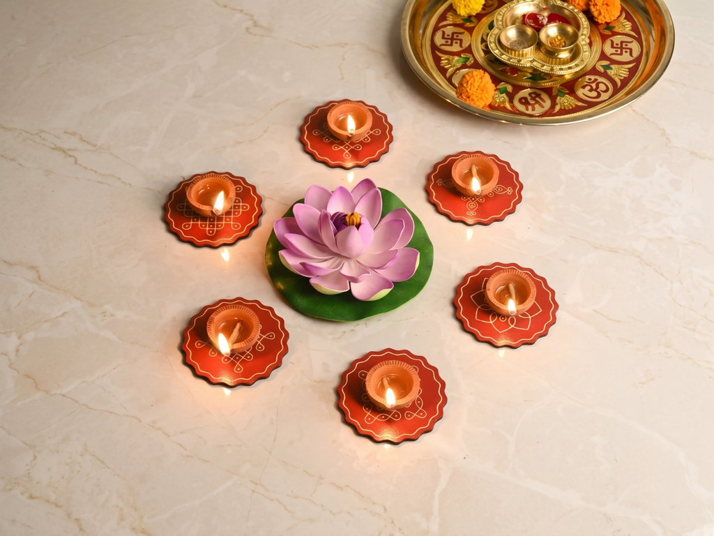 Pooja Decorations Items for Home Diya, Colorful Coaster Set of 6 (3.5 x 3.5 inches) Diwali, Pooja Room, Home, for Gift Items for Family, Office (Red)