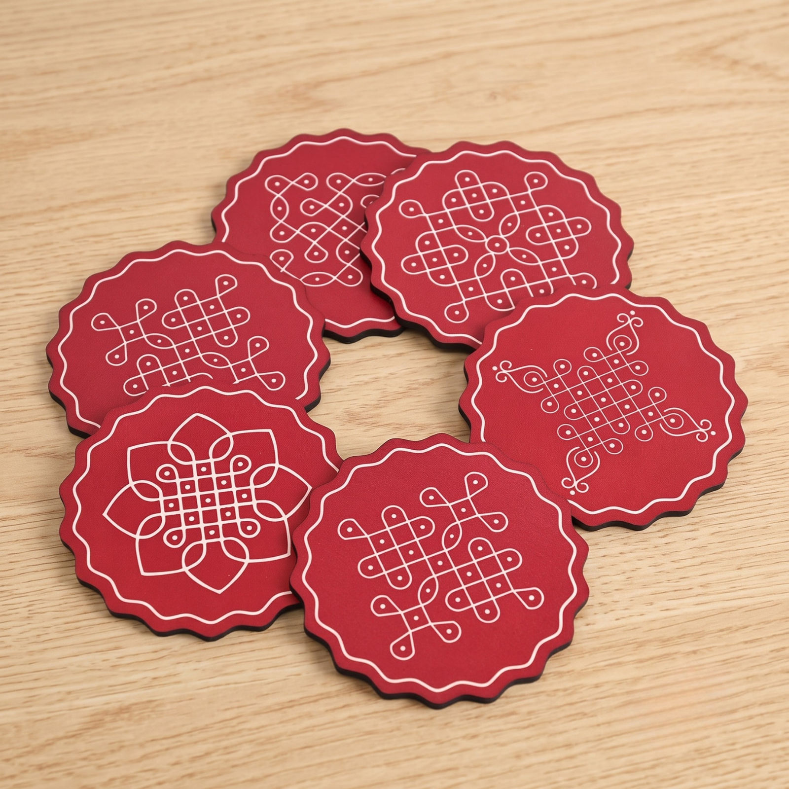 Pooja Decorations Items for Home Diya, Colorful Coaster Set of 6 (3.5 x 3.5 inches) Diwali, Pooja Room, Home, for Gift Items for Family, Office (Red)