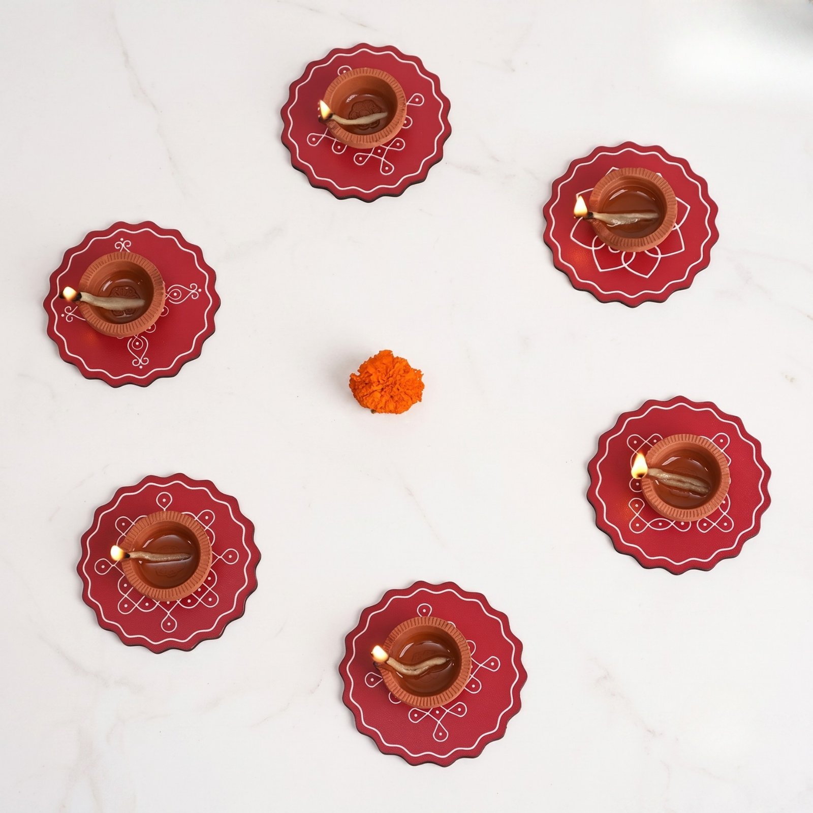 Pooja Decorations Items for Home Diya, Colorful Coaster Set of 6 (3.5 x 3.5 inches) Diwali, Pooja Room, Home, for Gift Items for Family, Office (Red)