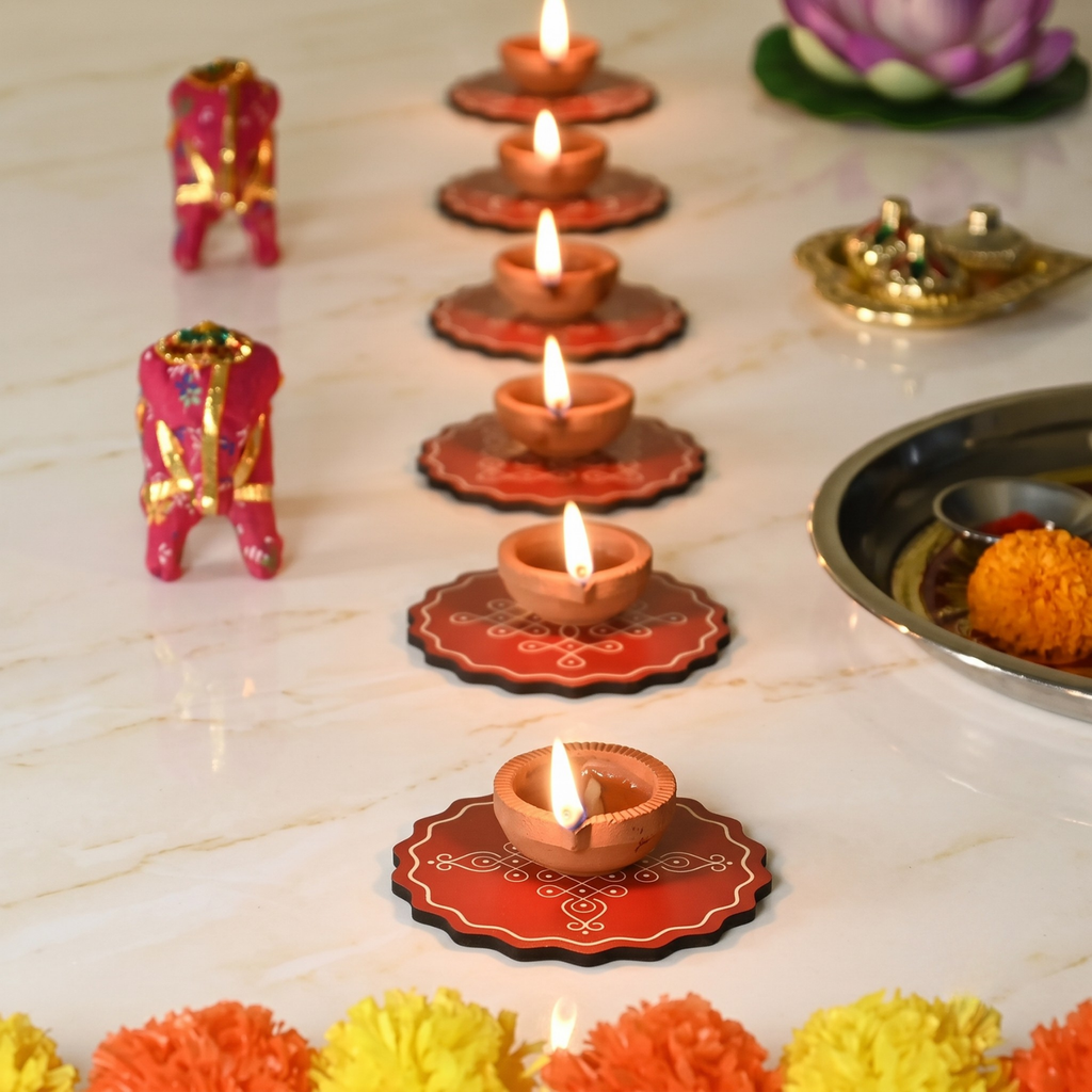 Pooja Decorations Items for Home Diya, Colorful Coaster Set of 6 (3.5 x 3.5 inches) Diwali, Pooja Room, Home, for Gift Items for Family, Office (Red)