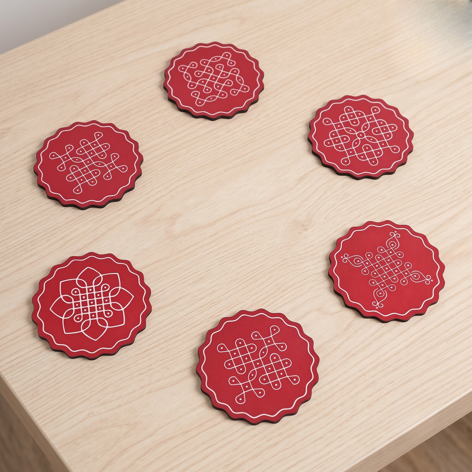 Pooja Decorations Items for Home Diya, Colorful Coaster Set of 6 (3.5 x 3.5 inches) Diwali, Pooja Room, Home, for Gift Items for Family, Office (Red)