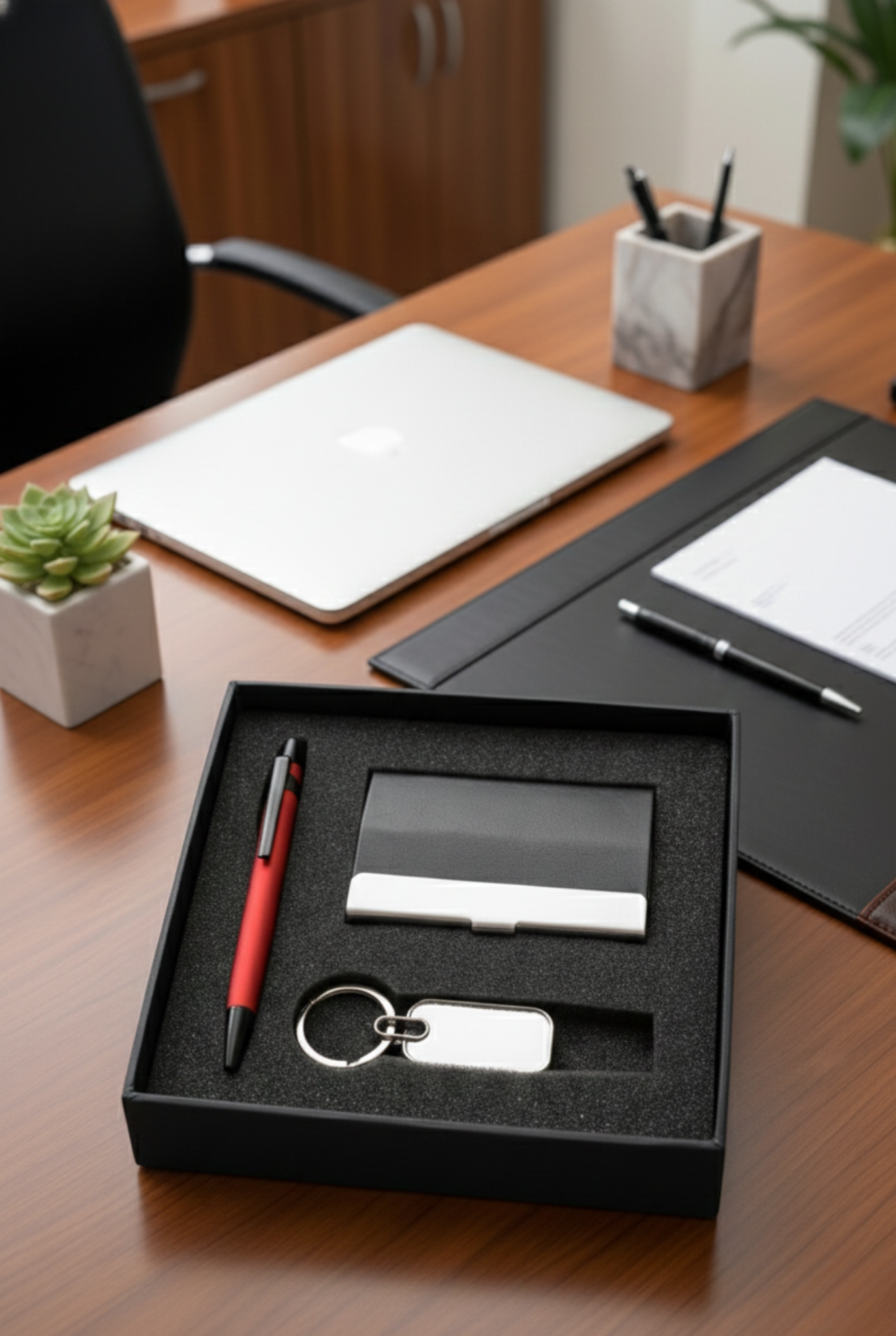 Premium Corporate Branding Gift Set – Customized Pen, Card Holder & Keyring