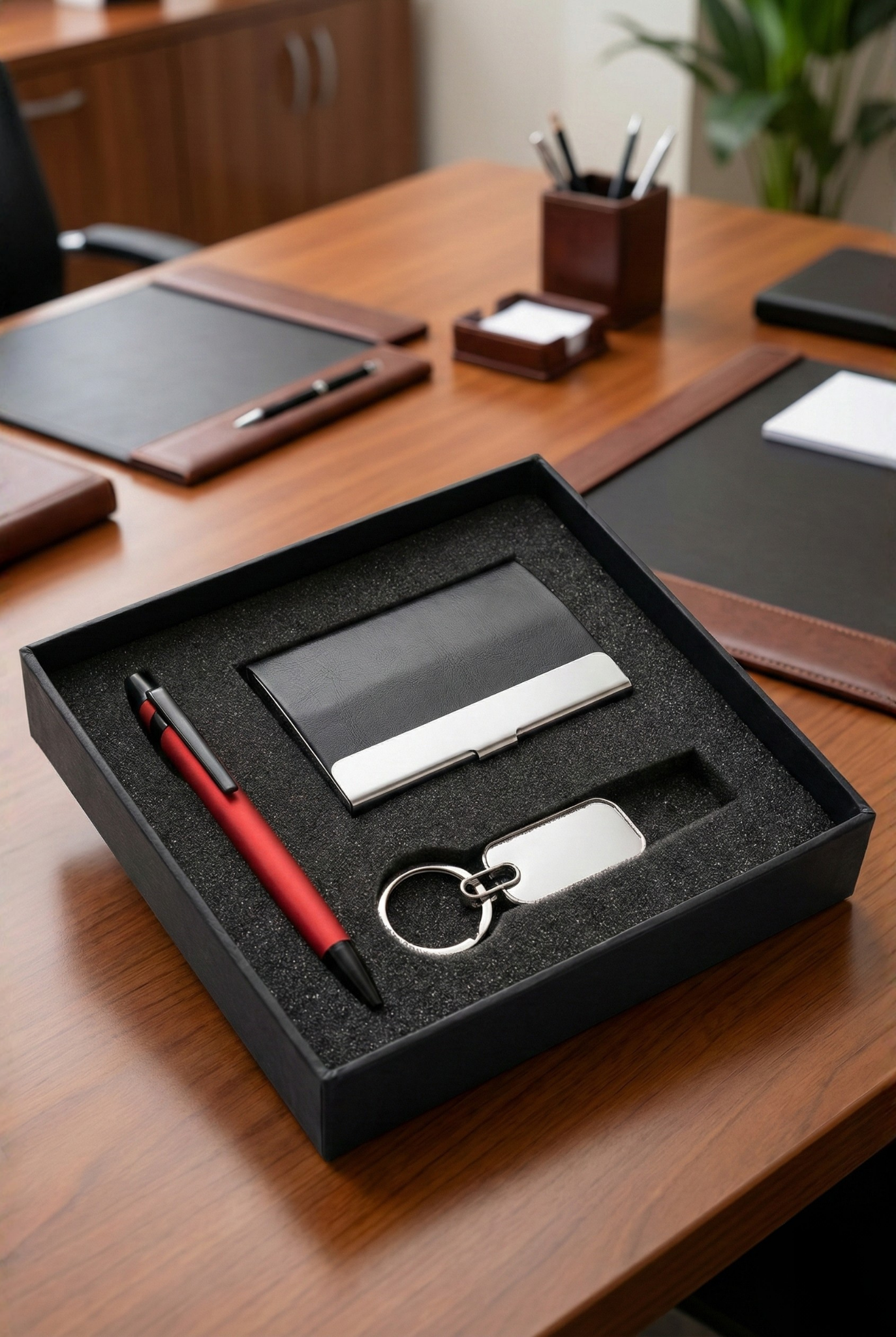 Premium Corporate Branding Gift Set – Customized Pen, Card Holder & Keyring